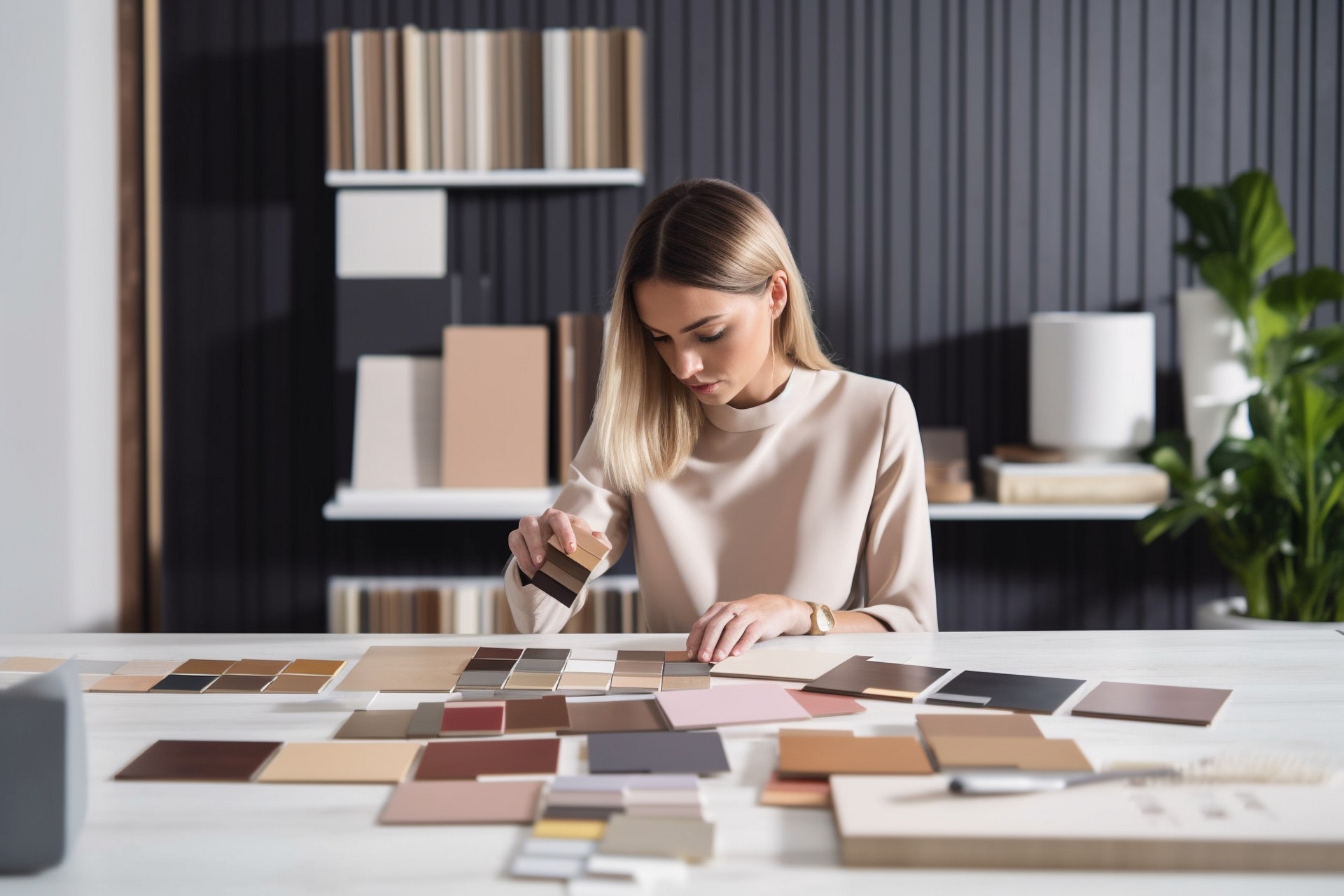 Architect comparing flooring and material samples on a studio table