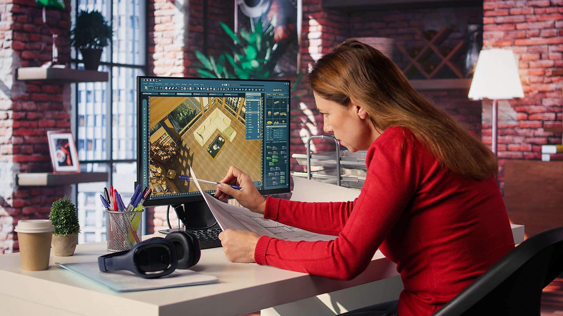 Designer working on a 3D interior model on screen while reviewing printed drawings